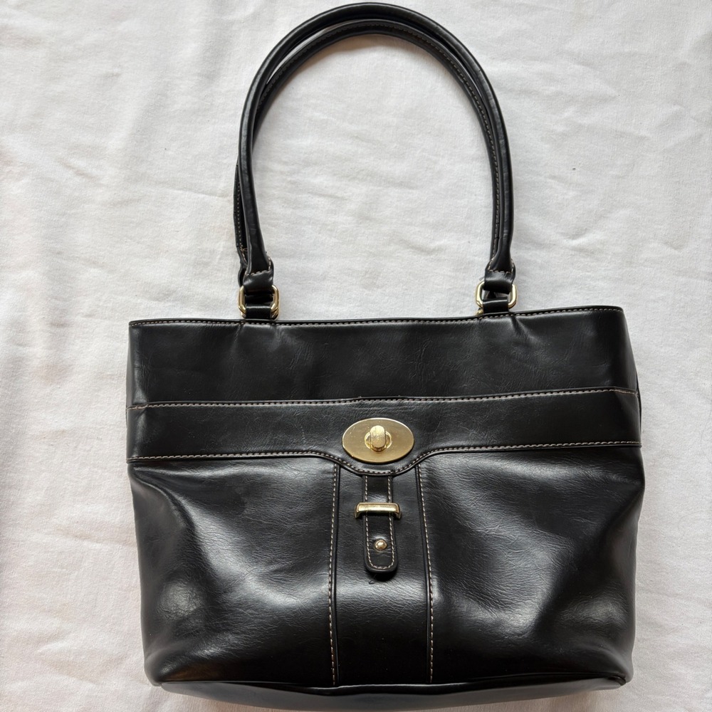 Giani Bernini Black Faux Leather Tote Shoulder Bag Gold Hardware SP20 39326